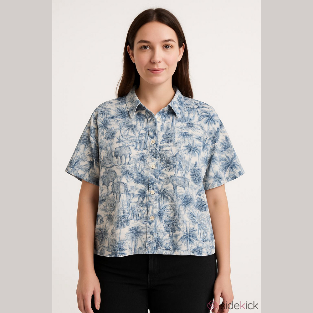 Rachel Zoe Linen Blue and White Artistic Button Down Shirt